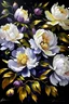 Placeholder: painting of white small Peonies flowers with gold flowers in center of canvas dark purple background