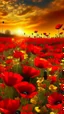 Placeholder: field of beautiful red poppies filled with yellow lights , and white butterflies