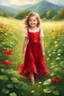 Placeholder: Adorable digital painting of a beautiful little girl in a gorgeous red dress smiling in a field surrounded by clover, high quality