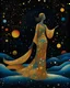 Placeholder: No corners drawing lines dots Kandinsky A full-body pretty African Asian moon goddess draped in flowing celestial fabric walks on water beneath a glowing full moon. Her gown unfurls like clouds, catching starlight and golden dust in the night air. The scene is surreal and divine, with painterly textures and a balance of shadow and illumination vertical Award winning imagery trompe l'oeil 3D surrealism masterpiece of Odilon Redon's dreamlike surrealism. kintsugi painting of abstract squares creat