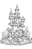 Placeholder: outline art for huge mushroom castle coloring page for kids, white background, sketch style, full body, only use outline, cartoon style, clean line art, no shadows, clear and well outlined