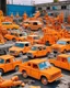 Placeholder: A light orange colored junkyard filled with construction vehicles painted by Keith Haring