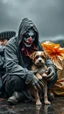 Placeholder: A sad hooded homeless clown with ugly clown make up sitting with his small dog , beside him with trash bags , in the background a, dark cloudy rainy weather