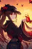 Placeholder: 1girl, the soul of fire, magnificent and endless trial, brown hair, black bow hat, two long ponytails back, red eyes, black nails, black shorts, wide black sleeves, rings on hands, open lips, gloominess, darkness, broken, red flowers, fire butterflies, sunrise