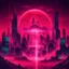 Placeholder: contagious virus over a city, in a retrowave red style with laser and fluids