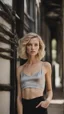 Placeholder: photography of a beautiful anorexic woman, silver satin spaghetti top, sports illustrated, blond short wavy bob haircut, pronounced sternum