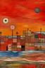 Placeholder: A red isles with a fiery junkyard painted by Paul Klee