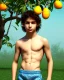 Placeholder: beautiful 12 year old arabic boy with long, curly hair and light blue eyes,shirtless, in front of a distant mango tree