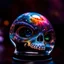 Placeholder: glass alien head harboring a colorful, tiny galaxyscape within; Miniature planets, moons, and vivid nebulae inside skull; by "NASA"; by "Hubble telescope"; futuristic aesthetics microscopic galaxy inside a glass head