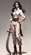 Placeholder: Full body character design, athletic female with wide legged and high waisted pants, white blouse, full face mask made of porcelain in a roman style , long hair, holding a trench cleaver, flat leather pouch on belt, thick heeled shoes