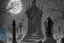 Placeholder: Cemetery with a ghostly figure looming over the scene:: hauntingly beautiful:: intricately detailed ::monochromatic color scheme:: dark and ominous