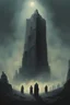 Placeholder: A monolith descending from the sky,pointing down at ancient ruins,flock of robed cultists praying,deep shadows, cinematic lighting,in the style of Zvidslav Beksinski, ominous fog in distance