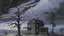 Placeholder: A grayish purple haunted mansion in a lightning storm painted by Caspar David Friedrich