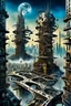 Placeholder: a stunningly weird image of a futuristic metropolis using Salvador Dali's paranoiac-critical method, where buildings and structures appear to melt into the skyline cityscape is filled with floating mad, twisted sharp metal shapes that interact with the buildings and each other, forming a surreal tableau of a dreamlike reality. neu-steampunk vibe, essence of the scene in a cinematic manner, with dramatic shadows that enhance the distorted perspectives and bizarre, futuristic surreal vibe