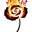Placeholder: a fire with dark embers and the flames spiral outward like petals to make the shape of a rose flower(red) , black and red on white background