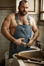 Placeholder: full figure photo, two burly big chubby sicilian plumber, dirty, ripped overalls, 33 years old, crossed arms, shaved, short beard, manly chest, very virile, hairy, manly arms, ugly, big thighs, under the flushing shower, sunlight , photorealistic, 35mm lens, ultra detailed