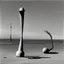 Placeholder: Odd spindle-shaped objects scattered over an arid surface, nothingness, in Yves Tanguy style