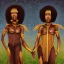 Placeholder: Biologically Female Twins, black skin, tall and slender, long afro kinky hair,big brown eyes, warrior wear. Gold accents on clothing. Surround by trees. Holding golden spears. Starry night