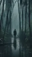 Placeholder: A swamp surrounded by bamboos long trees in cloudy, depressing, foggy, with a dim of light in the distance , on the side an abandoned old hose covered with leaves. A back view of a tall skinny man in black turn his head to his you