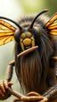 Placeholder: Bee front view with human look face and long hair and beard playing the flute, looks like an ancient Sumerian gods