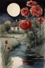 Placeholder: Night, one woman, distant house, red flowers, river, gothic horror films influence, thomas girtin watercolor paintings