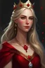 Placeholder: Generate me a female D&D character who is 60 years old, and is a queen They have long pale blonde hair. They are dressed in a red dress, she has a tiara The background should be a white