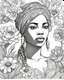 Placeholder: a coloring page in the outline ink style: the close-up face of an adult africaan girl surrounded by flowers, leaning towards the viewer, with a natural landscape in the background. In the style of Tim Burton, black graphic outlines, without gradients, in a rough style