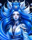 Placeholder: Create an ethereal. Kitsune, girl, dark blue hair and ears, fluffy, highly detailed, precise line work, samurai armor, big face, white tails on background