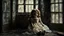 Placeholder: an old, dirty, worn (porcelain doll sitting in a beautiful lace dress) in a broken, dirty window, spiderweb, abandoned old room, dark surreal atmosphere, dull lights, dark colors sinister , surrealism, matte background