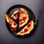 Placeholder: Pizza on plate at the center, black background