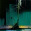 Placeholder: Minimal abstract oil painting of a plant in concrete neon warehouse brutalist architecture and hanging wires illuminated at night. With triadic colours. In the style of Justin Mortimer and Phil Hale, Ashley Wood