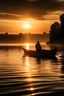 Placeholder: un bote en el medio de un rio con un pescador viendo el atardecer al estilo de Da Vinci