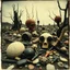 Placeholder: Photography polaroid close-up of a wasteland landscape with many objects in Yves Tanguy incomprehensible style, Surrealism, glossy, organic, creepy, strong texture, fiotti di liquido nero, horror, panic, obsessive, hypnotic