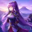 Placeholder: girl, masterpiece, best quality, cinematic lighting, detailed outfit, perfect eyes, purple hair, purple eyes, long hair, ponytail, landscape, in a fantasy world with armor-plated clothes, with a mystical background, glowing effects, with intricate patterns,