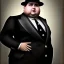 Placeholder: A half body portrait of a 1930s Italian-American businessman in his late 20s with a black bowler hat and a suit. He is obese and has black hair