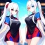 Placeholder: Clear focus, 8k, beautiful lighting, vibrant colors, girl, white hair, long hair, vibrant red eyes, ponytail, same twins, white hair, blue eyes, same clothes, heterochromia,