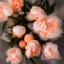 Placeholder: cinematic shot of peonies made from peach tulle in a glass bowl, warm lighting, soft lighting, sunbeam, linen, luxurious, crystal