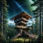 Placeholder: on top of a mountain stands a squat simple building made of thick wooden beams, from the middle of which a large telescope looks towards the sky, above it a wooden roof, the building is surrounded by tall pine trees, strange gigantic dark green trees, as tall as the building so they hide it from prying eyes, dark blue sky, realistic, detailed, cinematic, dark fantasy