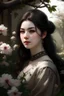 Placeholder: Beautiful Girl in the garden, 18 century, brunette, literally dark hair, dark eyes, fat, smell of sakura, rest, detailed face, england