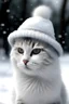 Placeholder: eine weiße Fotorealisrische katze im schnee mit hut