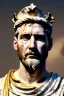 Placeholder: Realistic image, Roman sculpture made in white marble with gold veins, Lionel messi with gold laurel leaves crown, decorative star on the chest, waist up portrait, marble material, gold ornaments, Baroque style, sun rays background, epic, celestial, cinematic lighting, God lights, 4k resolution, smooth details, soft lighting, unreal engine 5, art station, substance 3d.