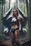 Placeholder: Beautiful warrior girl, in forest in front of crashed spaceship, photo realistic, 8K, cinematic lighting,