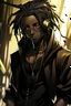 Placeholder: Anime black male, age 20, short thick dreadlocks reaching neck length, dark brown natural hair color, black zip up jacket, golden eyes, lean slim muscular body, nier automata anime artstyle, blindfold over eyes