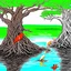 Placeholder: Watched a show about the Everglades, and found this fascinating. Birds exist on the top of tree, and fish in the roots. Bing prompt: a beautiful mangrove tree , with the root system under water in the Everglades, with fish and creatures living in the twisted roots, the image shows the bottom in water and the top has a red duckbill bird and a white heron living in the top of tree.