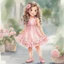 Placeholder: watercolor, full body, different poses, cute smile girl, curly hair, big eyes, long brown hair, pink dress, pink shoes, white backgrownd