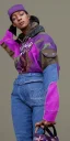 Placeholder: Model, woman. sérigraphie on denim with purple, lilac, green, khaki and crimson, red colors. Camouflage patterns are screen printed on denim. Woman in her 30's. thick thighs, thick calves, flat belly, wide hip. Mantle made of recycled Denim by sewing. Big bright purple and blue felt pieces makes mantle, which is merged with satchel. purple tippet, cream-color inside the hood. AKG headphones is merged with small felt cap with small visor. Haute Couture, 1990's