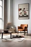 Placeholder: Describe a room in the Bauhaus style featuring a lone armchair, a chair, and an assortment of magazines and paintings. Emphasize the key elements of Bauhaus design, highlighting simplicity, functionality, and the seamless integration of art and furniture.realistic photo