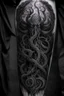 Placeholder: An awe-inspiring vertical tattoo artwork design that pays homage to the cosmic horror of Cthulhu. The black and grey color scheme sets the mood for this realistic tattoo, emphasizing the intricacy of the design. The tattoo showcases Cthulhu in a dynamic pose, with its tentacles gracefully intertwined. The attention to detail in the shading and textures brings a sense of depth and realism to the artwork. The vertical composition allows for a striking placement on the body, accentuating the organi