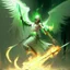 Placeholder: angel caido de piel verde palido empuñando una lanza en llamas