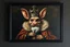 Placeholder: king troll mouse rabbit in style of Rembrandt and Fallout 4, with motion blur, all on a painting on wall with black wooden frame and with black wall background